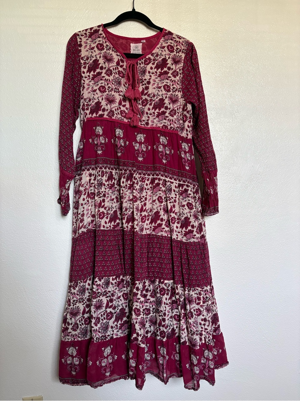Blue Boheme Bohemian Floral Tiered Maxi Dress - Burgundy/Pink